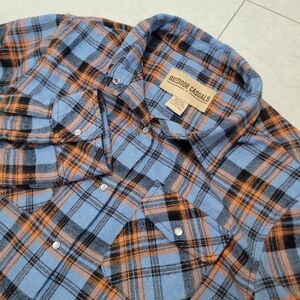Outdoor Casuals Flannel Pearl Snap Shirt Blue Orange Plaid Cotton Womens Large